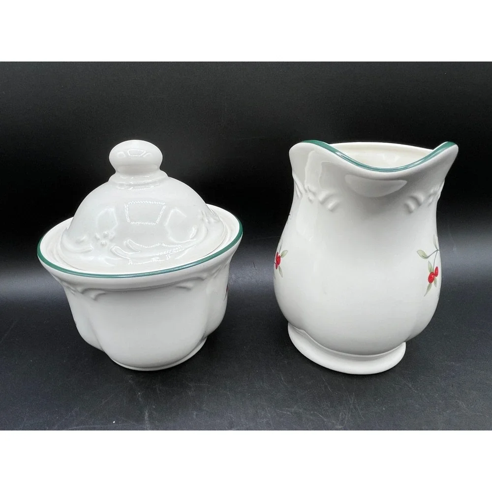 Pfaltzgraff Winterberry Cream and Sugar Set White Stoneware Holly Berry Holiday